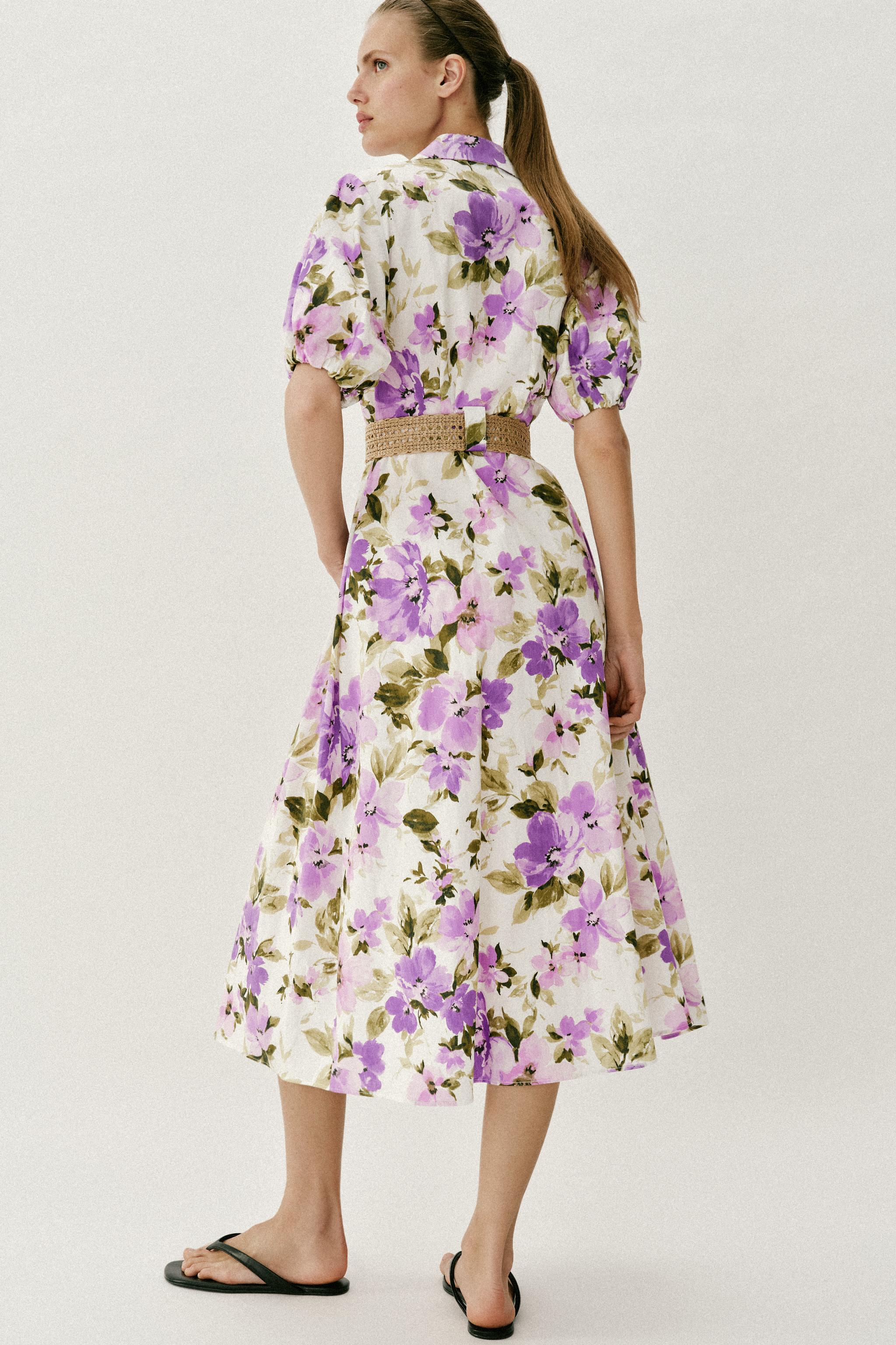 FLORAL PRINT BELTED MIDI DRESS